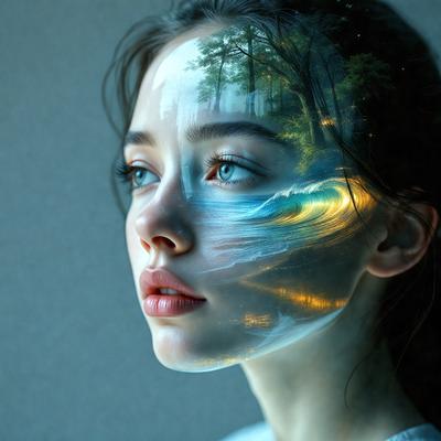 The primary subject of the image is a woman with a unique and artistic appearance. She has a tree painted on her face, which adds a touch of nature and creativity to her look. The setting is a dark room, which creates a moody and dramatic atmosphere. The visual style of the image is a combination of photo and digital art, as it captures the woman's face with a tree painted on it. The colors and mood of the image are predominantly dark, with the tree on her face being the main